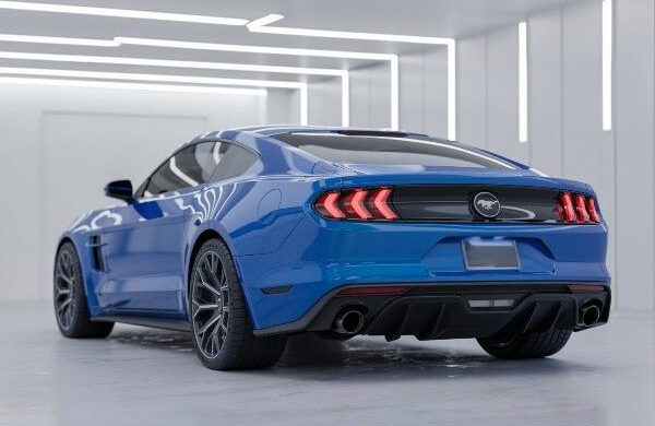 Blue Mustang in body shop-Ford certified collision repair Bstreet collision Blue Mustang in body shop-Ford certified collision repair Bstreet collision