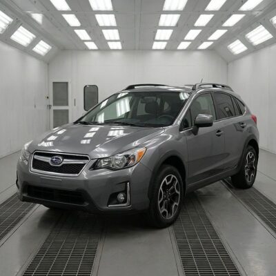 Subaru in paint booth-Subaru certified collision repair Bstreet collision