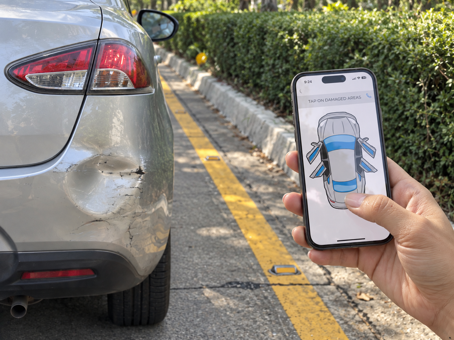 Customer starting an online estimate on a phone beside a damaged silver vehicle